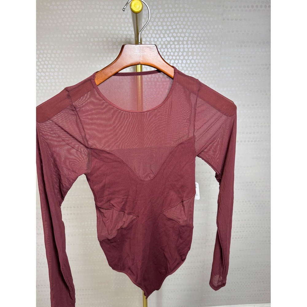 Intimately Free People Sheer Mesh Panel Long Sleeve Bodysuit Burgundy XS/S